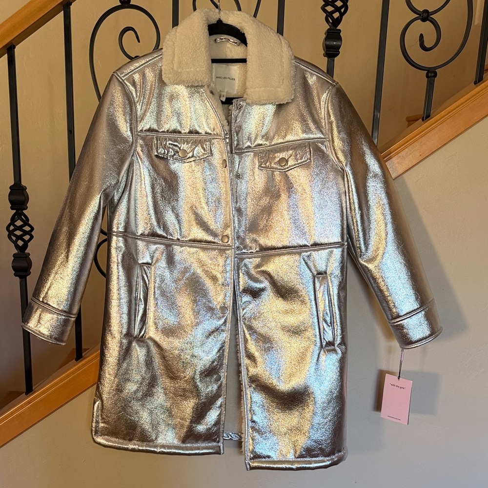 New with tag Avec Les Filles Silver Metallic Coat with White Collar XS